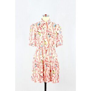 Pink Floral Bird Print Silk Crepe Cheongsam Mini Fit & Flare Dress, Size S